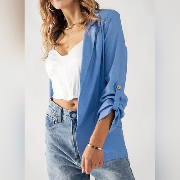 #51 SALE 🛑29 M, L  Boho Linen Open Front Roll Tab Sleeve Blazer - Picture 5 of 5